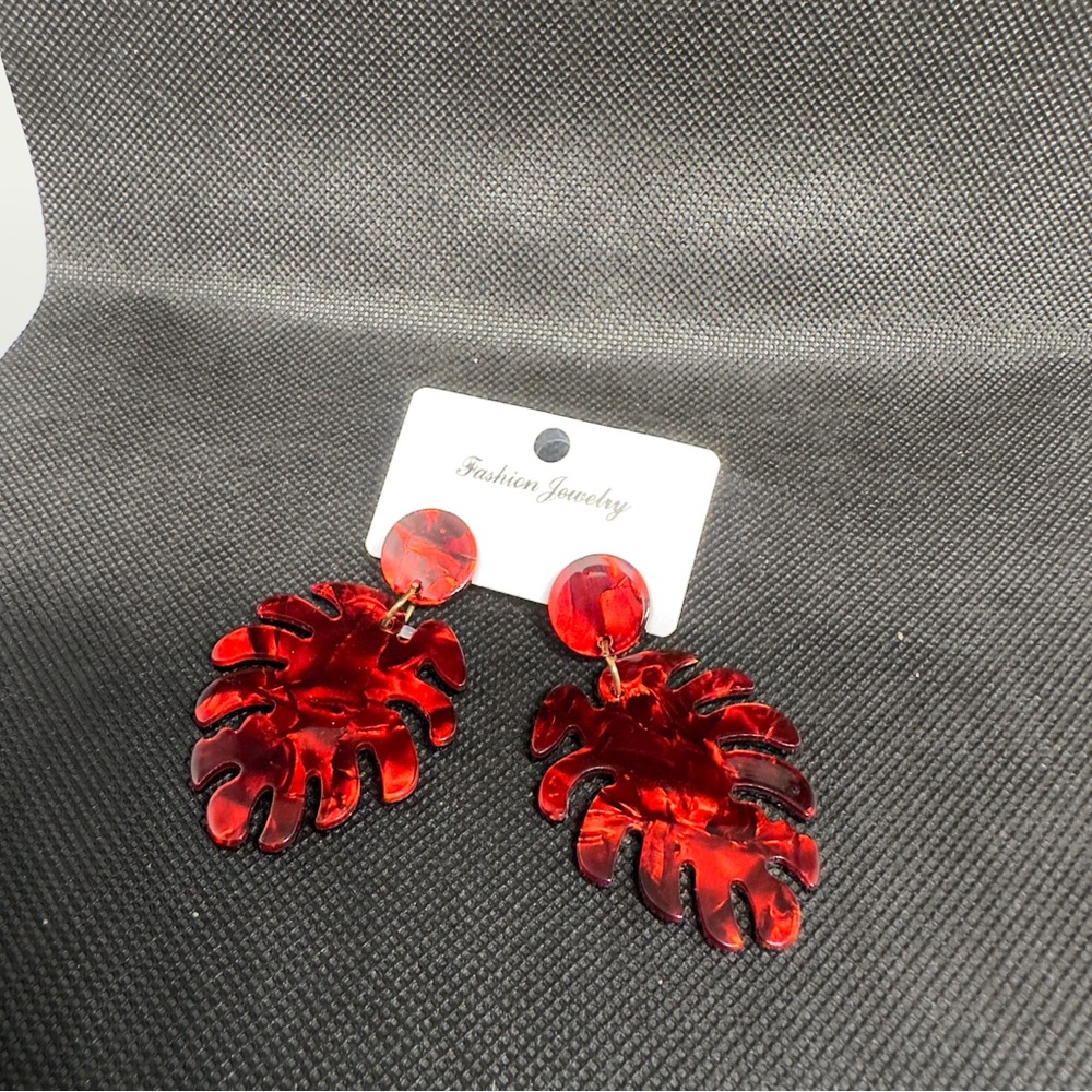 Monstera leaf resin red large statement earrings 2010